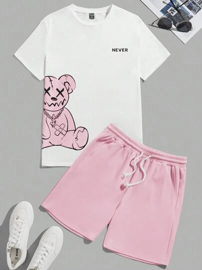 EASEVO Conjunto casual de camiseta de manga corta y pantalones cortos con estampado de oso de dibujos animados para hombres de talla grande