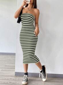 SHEIN Unity Striped Strapless Slim Knitted Sweater Dress, Autumn - Green - View 8