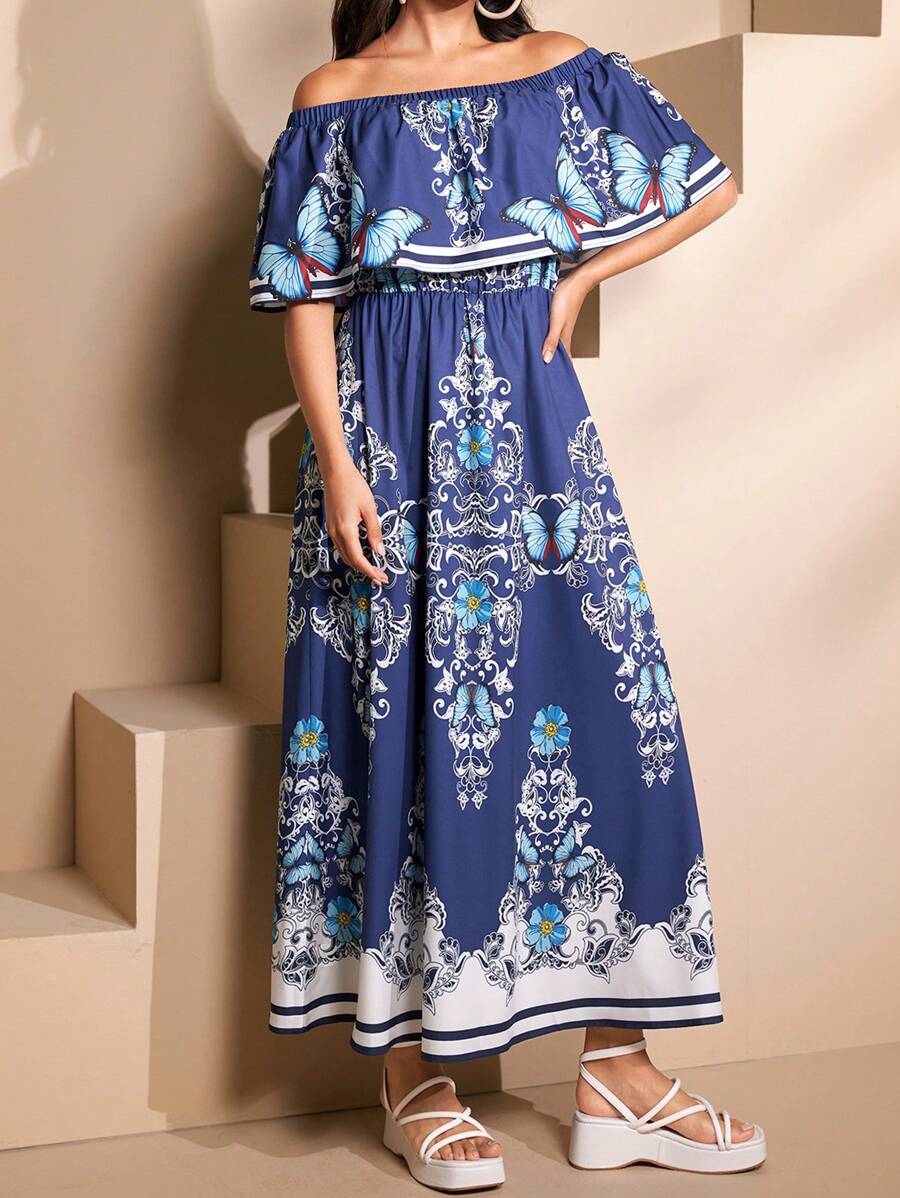 Seusyu Women's Ruffled Off Shoulder Floral Butterfly Print Arabian Dress - Blue - View 1