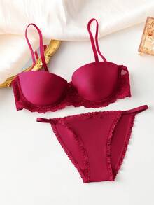 Lace Trim Underwire Bra And Panties Set For Women - Burgundy - View 3