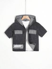 Tween Boy Distressed And Patch Embroidery And Black Hooded Denim Jacket