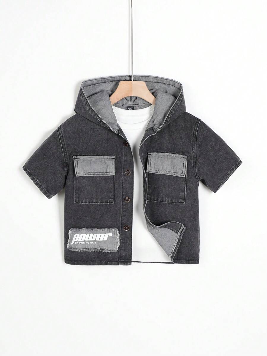 Tween Boy Distressed And Patch Embroidery And Black Hooded Denim Jacket