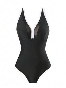 SHEIN Swim Của phụ nữ Khối màu Trang trí Đúng mốt Áo tắm một mảnh , Thích hợp Đối với Kỳ nghỉ Bơi lội - màu đen - Xem 4