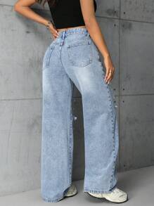 SHEIN EZwear Pantalones Holgados De Mezclilla Para Mujer Con Rasgaduras Y Bolsillos - Azul lavado medio - Ver 3