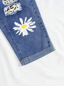 Vaqueros Rasgados Con Estampado De Margaritas De Talla Grande Para Mujer