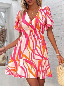 Breezaya In hoa Cổ chữ V Xù Hoa Sen Ngắn tay Đầm - Hồng - Xem 4