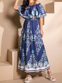 Seusyu Women's Ruffled Off Shoulder Floral Butterfly Print Arabian Dress - Blue - View 4