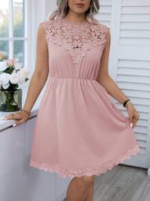 SHEIN Unity 大尺碼純色無袖蕾絲拼接連衣裙 - 藕粉色 - 查看 1