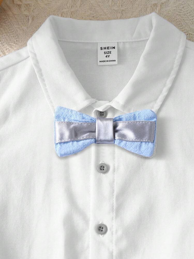 2pcs Young Boy's Elegant Formal Wear Set Including Turn-Down Collar Shirt With Bow-Tie And Suspenders Shorts