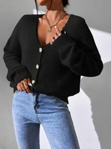 Flirla Women's Casual Solid Color Fluffy Cardigan, Autumn/Winter - Black - View 5