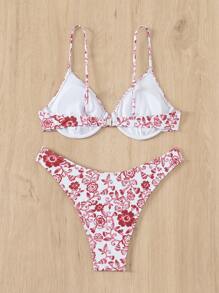 SHEIN Swim Ladies' Halterneck Spaghetti Strap Bikini Set With All-Over Print, 2pcs, Random Print Summer - Multicolor - View 2