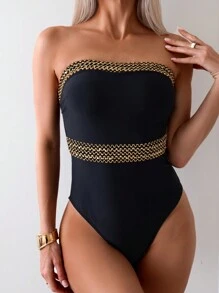 SHEIN Swim 夏日海灘無肩帶拼色後開叉一件式泳衣 - 黑色 - 查看 9