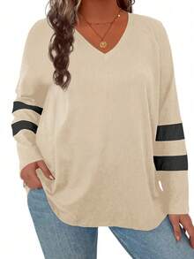 SHEIN LUNE 大尺碼對比色v領長袖t卹,適合春秋季穿著 - 杏色 - 查看 5