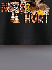 Young Boy Cute Colorful Letter & Excavator Pattern Casual Short Sleeve T-Shirt For Summer - Black - View 3