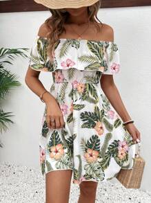 Breezaya 露肩弹力腰 A 字形迷你连衣裙，带荷叶边下摆，度假海滩装女款