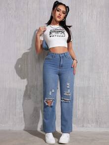 女裝休閒直筒磨邊牛仔褲 - 淺藍色 - 查看 5