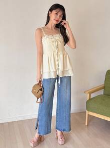 FRIFUL Designer 女式荷叶边下摆吊带娃娃装上衣 - 米色 - 查看 2