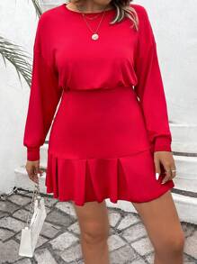 Celure Kích thước lớn Màu thuần Vòng cổ Ruffled Hem Eo Đầm - Đỏ - Xem 5