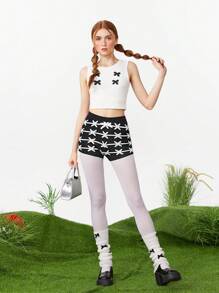 SHEINNeu Conjunto Casual De Suéter Y Pantalones Cortos De Manga Corta Para Mujer Con Estampado Integral