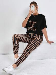 SHEIN Essnce Bộ đồ hai mảnh áo thun tay ngắn in họa tiết rộng rãi mùa hè cỡ lớn dành cho nữ và quần dài - màu đen - Xem 5