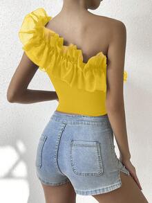 SHEIN VCAY Women's Solid Color Ruffle Trim Asymmetric Neckline Sleeveless Summer Top - Mustard Yellow - View 2