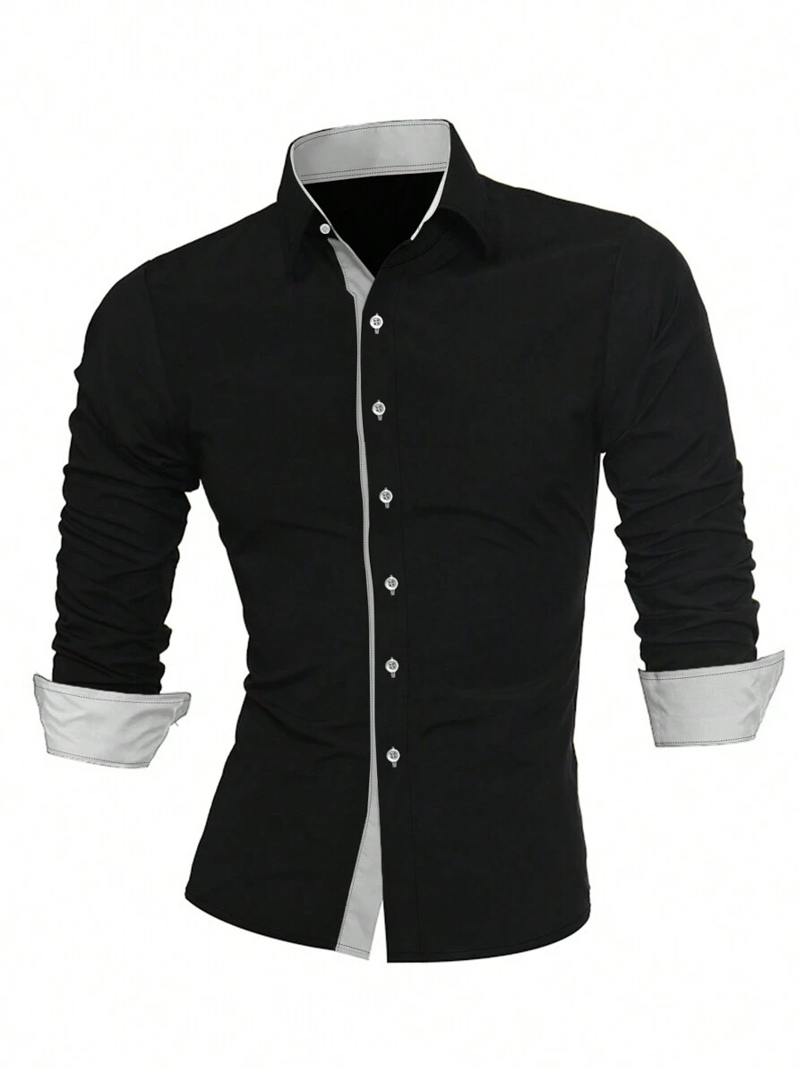 Áo sơ mi nam tay dài cài nút màu sắc thường ngày - Đen và trắng - Xem 1