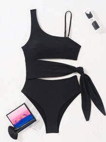 SHEIN Swim Traje De Baño De Una Pieza Con Escote Asimétrico Monocromático Para Mujer, Adecuado Para Verano, Playa, Piscina