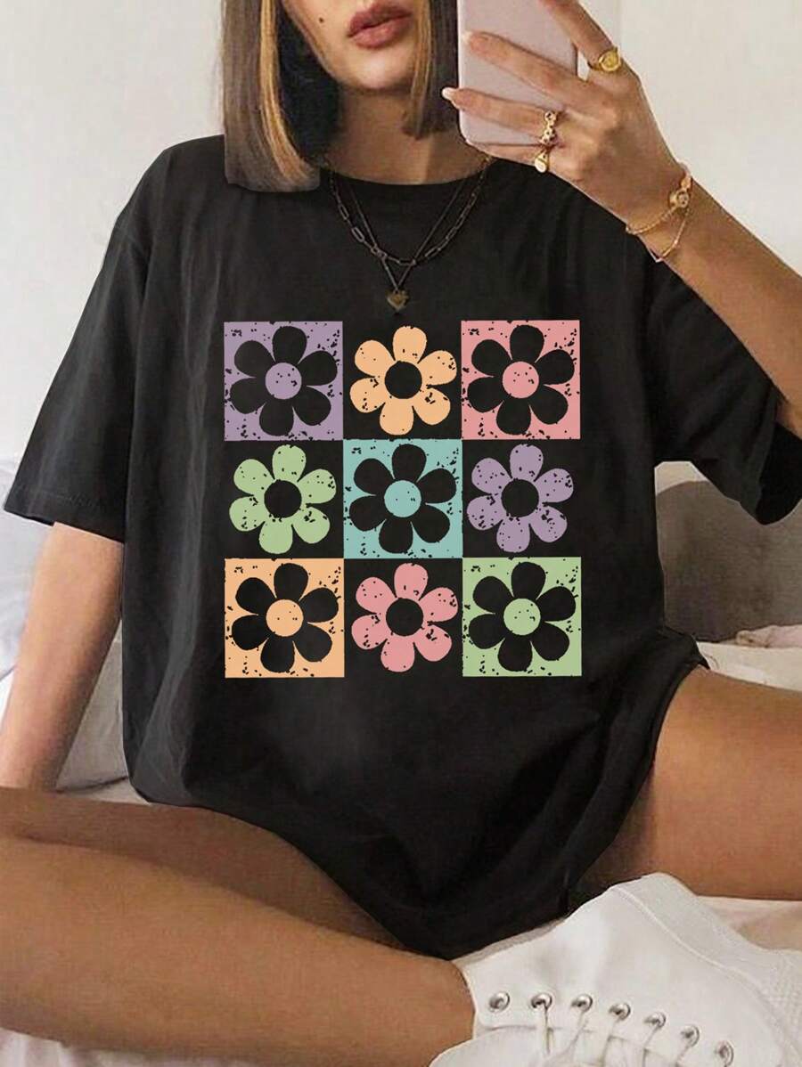 INAWLY 花卉印花短袖 T 恤图案 T 恤女式上衣 - 黑色 - 查看 1