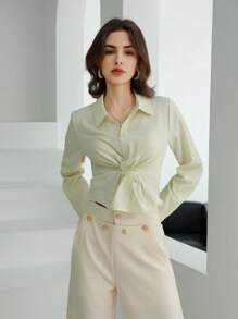 Aveloria Cross Twist Long Sleeve Casual Shirt, Suitable For Spring/Summer Commute - Apricot - View 6