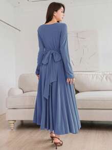 DAZY Solid Color Deep V-Neck Cinching Waist Long Sleeves Midi Dress