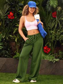 VARSITIE 运动夏季户外基本款束带裤军绿色裤子绿色两件套宽腿瑜伽裤宽腿慢跑裤 - 軍綠色 - 查看 6