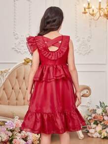 SHEIN Tween Girls' Elegant Round Neckline Layered Ruffle Edge Dress With 3d Flower Decor - Burgundy - View 2