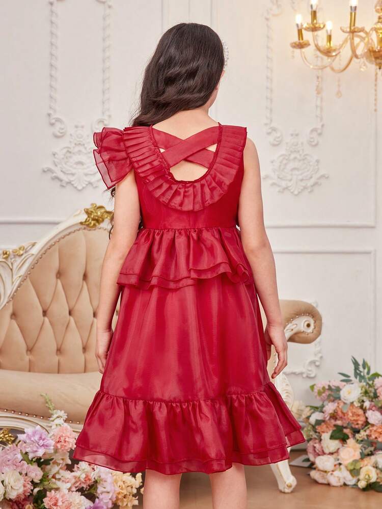 Tween Girls' Elegant Round Neckline Layered Ruffle Edge Dress With 3d Flower Decor
