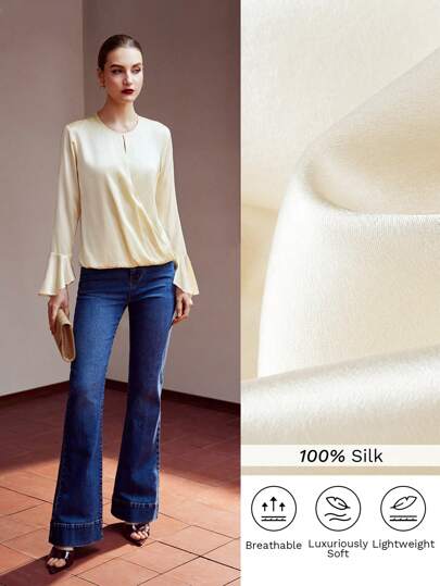 MOTF PREMIUM Blusa De Seda Con Mangas Acampanadas Y unicolor