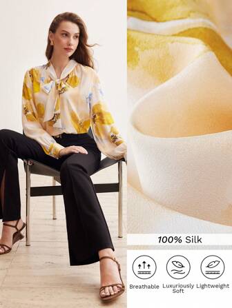 MOTF PREMIUM SILK FLORAL PRINT TIE NECK BLOUSE