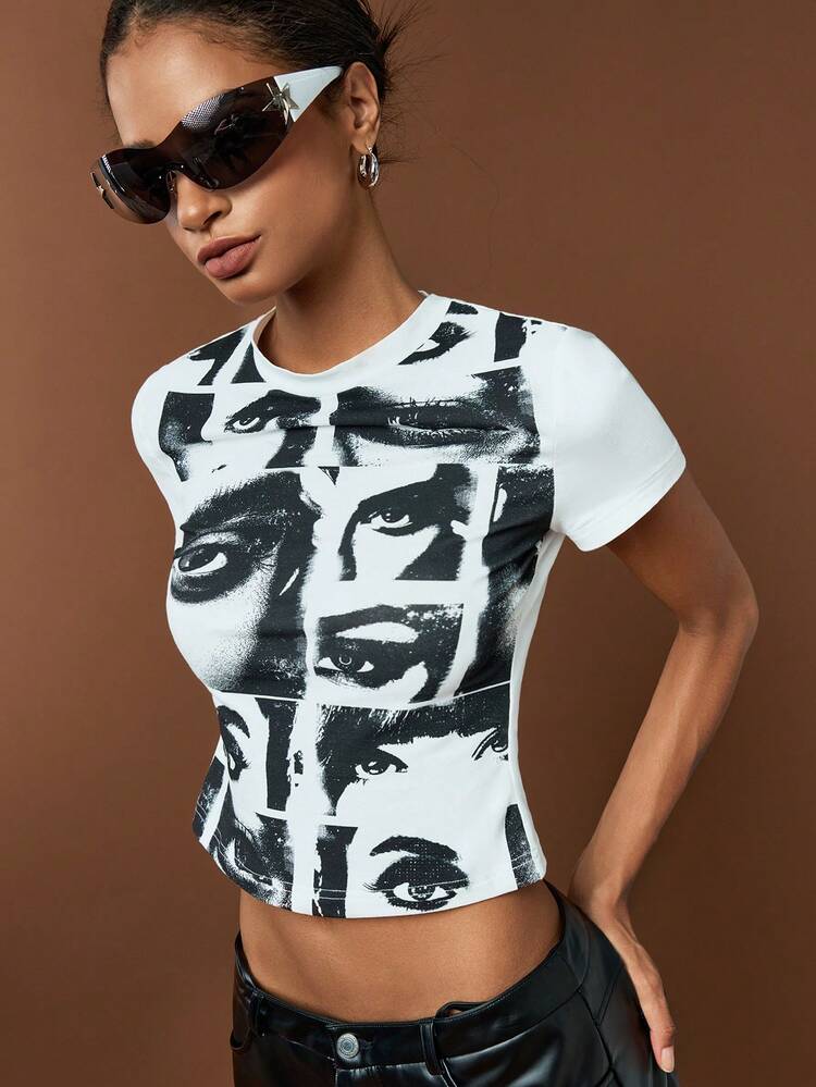 Portrait Printed Round Neck Slim-Fit Short Sleeve T-Shirt