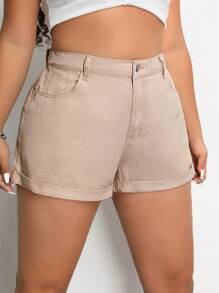 SHEIN ICON Kích thước lớn Của phụ nữ Eo đàn hồi Cán Hem Quần short Denim - Màu be - Xem 1