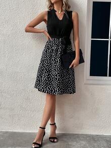 SHEIN LUNE Không tay Cổ chữ V Dây thắt lưng Váy chữ A - màu đen - Xem 4