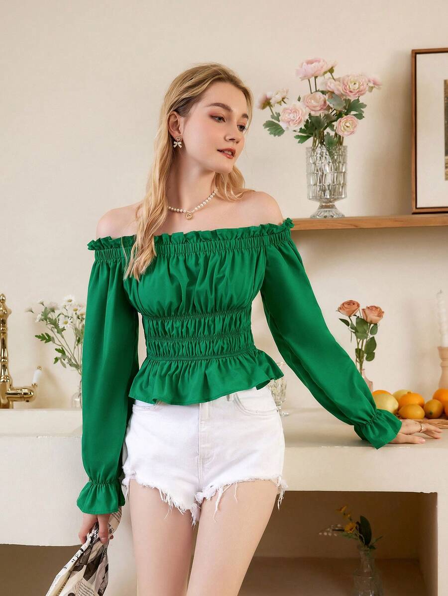 SHEIN Privé Áo sơ mi nữ dài tay có tay áo kiểu Shirred lệch vai có viền xù - màu xanh lá - Xem 1