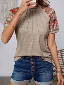 SHEIN Clasi Áo thun tay ngắn lưới họa tiết hoa tương phản cho nữ - Màu Khaki - Xem 5