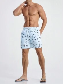 Manfinity Swimmode Men's Beach Shorts With Seagulls And Coconut Trees Print And Drawstring Waist - Blue - View 5