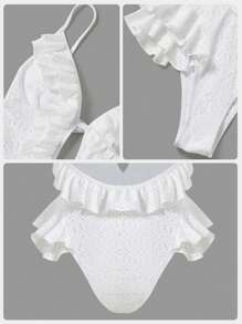 Swim Chiccia Summer Beach Ruffle Trimmed Cutout One-Piece Swimsuit With Embroidered Edge Detailing And Deep V-Neckline - White - View 8