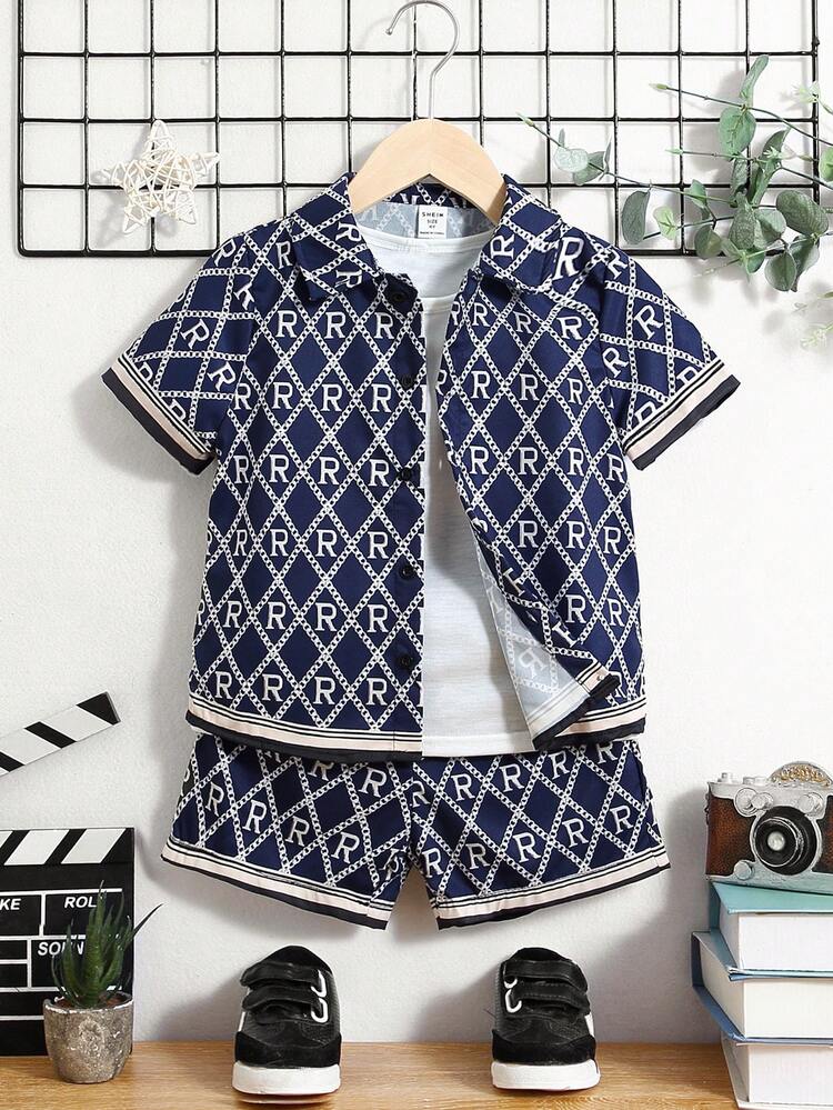 Toddler Boys' Loose Fit Letter Full Printed Short Sleeve Shirt With Shorts And T-Shirt Set, Casual Outfits