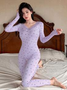DAZY Conjunto De Pijama De Manga Larga Con Estampado Floral Y Detalles De Encaje
