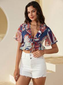 GENKIRA Summer Women's Random Printed Short Sleeve Blouse - Multicolor - View 4