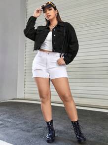 SHEIN EZwear 大碼單排扣牛仔夾克,適合春秋季節穿著 - 黑色 - 查看 5