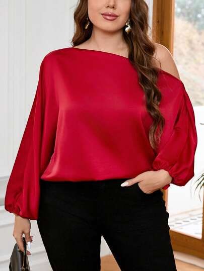 SHEIN Privé Blusa elegante con cuello asimétrico y manga farol para tallas grandes