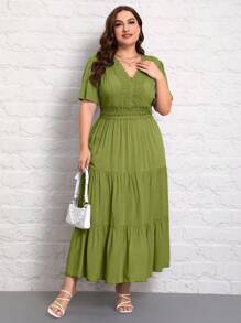 SHEIN VCAY Plus Size Women's Lace Splicing Dress With Ruffle Hemline And Cinching Waist