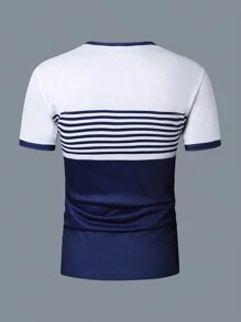 Manfinity Homme Maglietta a maniche corte da uomo con collo henley, a blocchi di colore e righe, per l'estate, per uscire, per gli amici