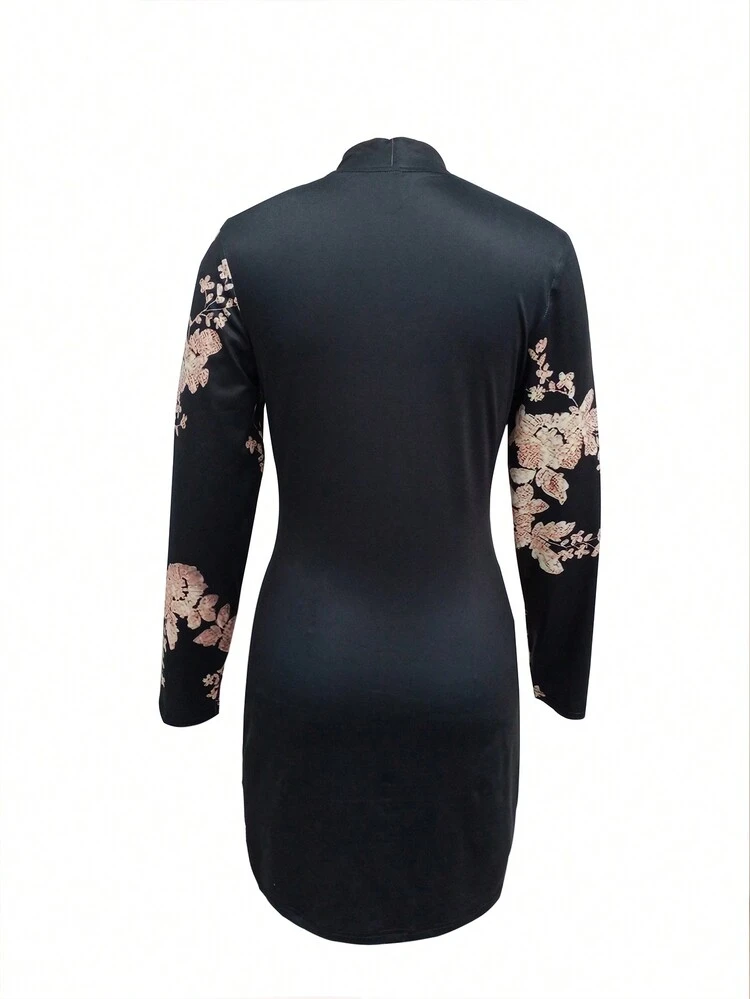 Women's Stand Collar Floral Print Dress Fall Cloth For Women